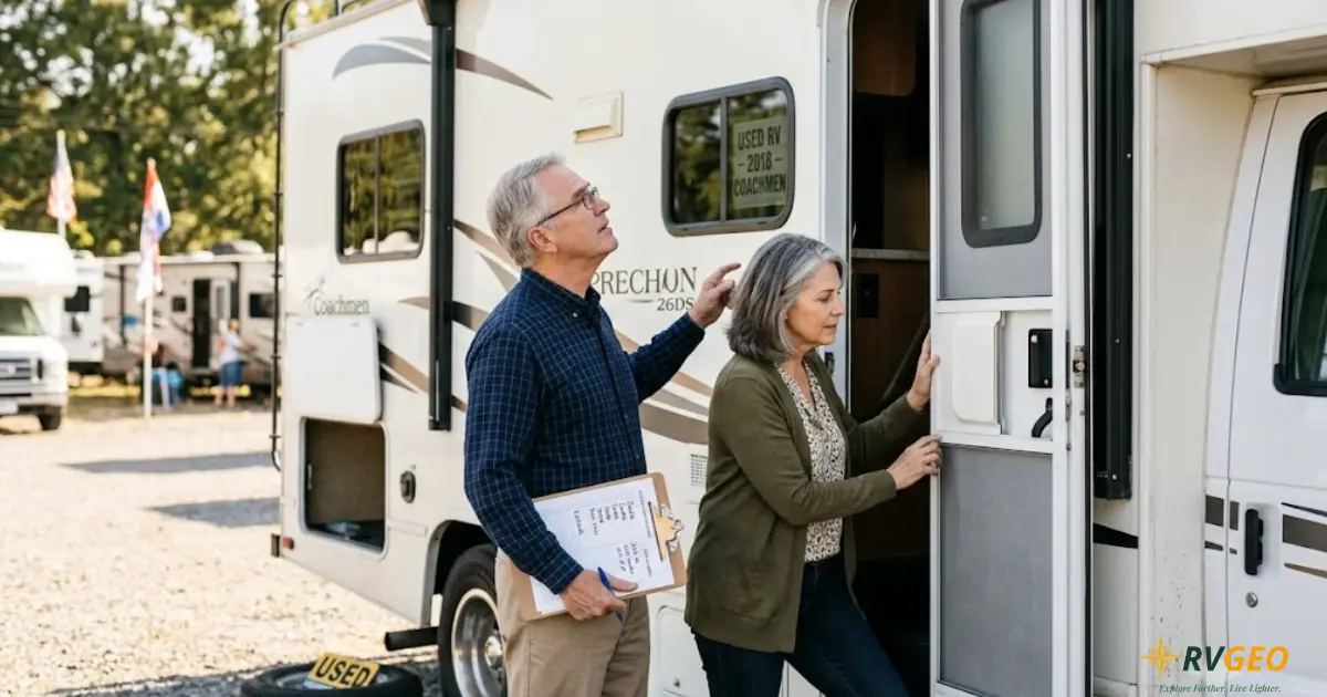 A mature couple inspecting a used Coachmen motorhome on a dealer lot before buying