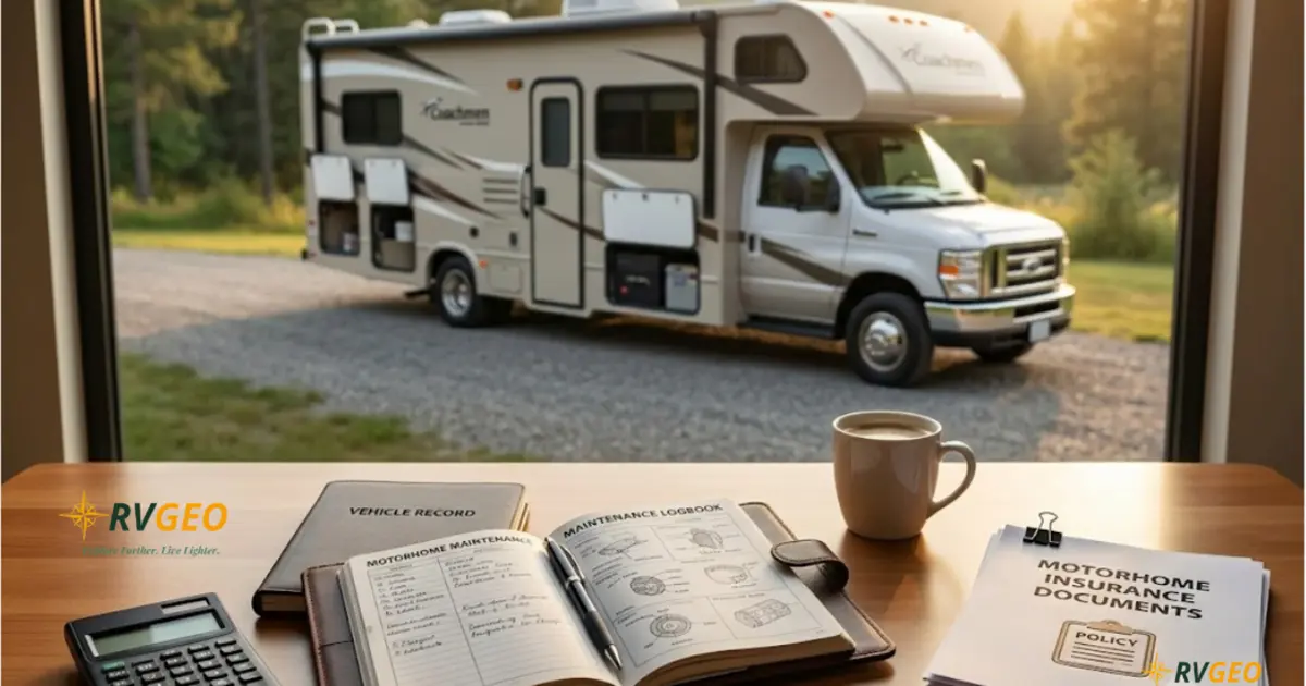 A motorhome with a calculator, maintenance logbook and insurance documents on a table
