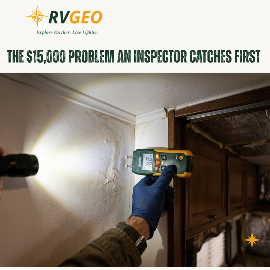 A moisture meter reading a damp RV wall by flashlight - the $15,000 problem an inspector catches first