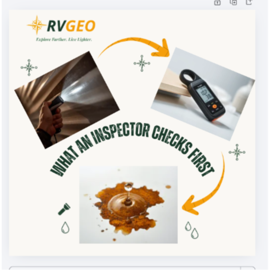 Infographic: what an RV inspector checks first - flashlight inspection, moisture meter, and leak detection