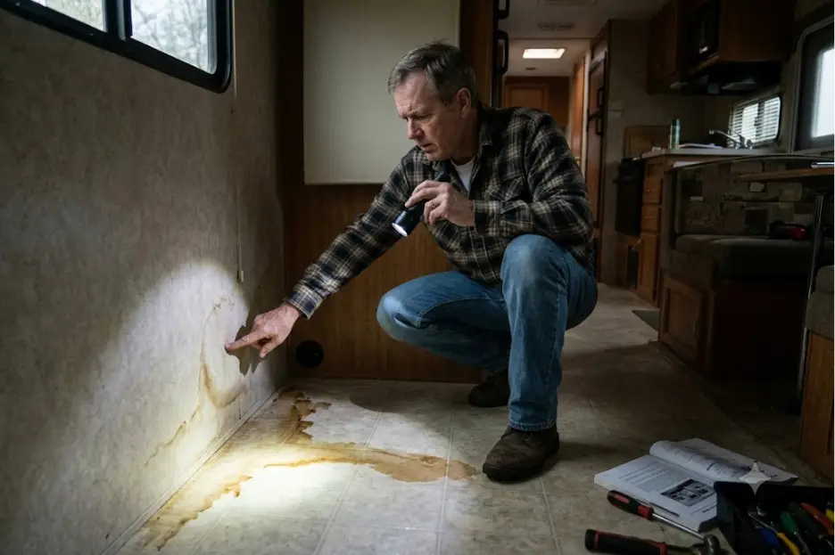An RV owner discovering a brown water stain and soft floor inside a motorhome with a flashlight