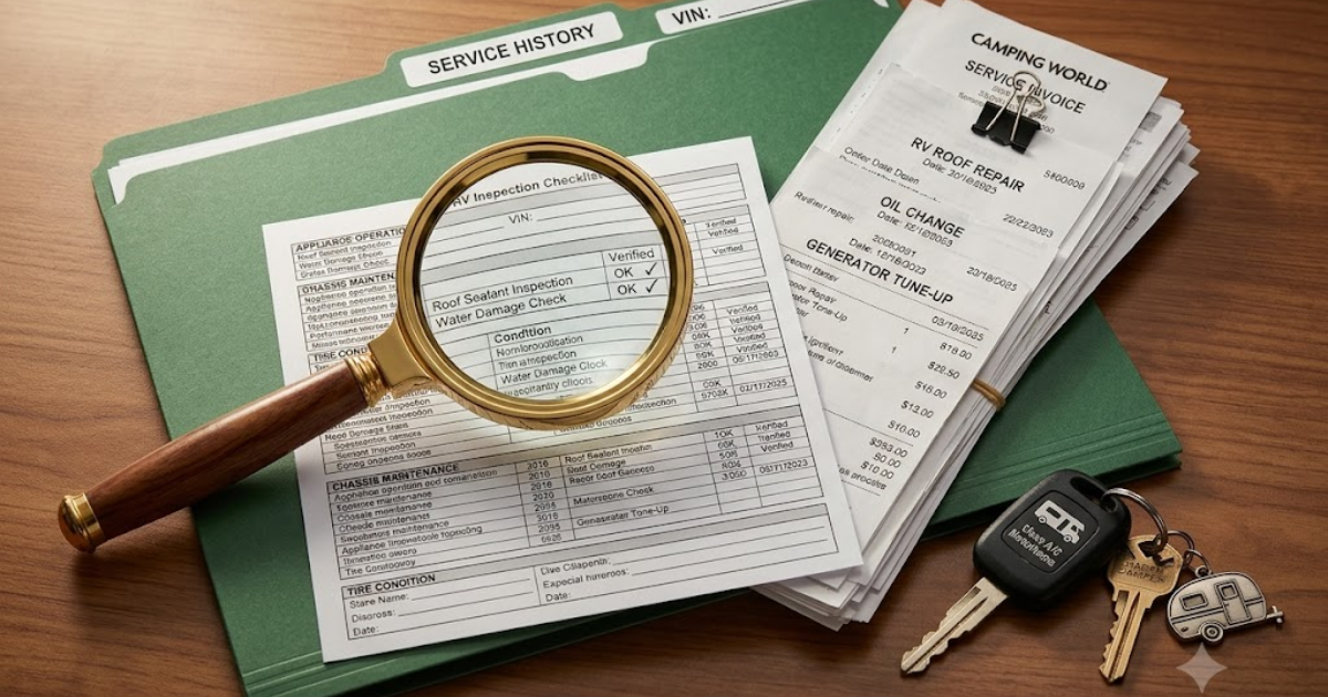 An RV service-history folder and repair invoices under a magnifying glass, next to RV keys with a camper keychain