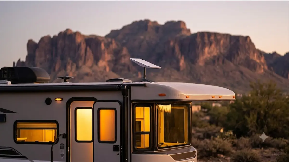 Starlink Mini dish on RV roof at boondocking campsite — Starlink Roam plans 2026/27