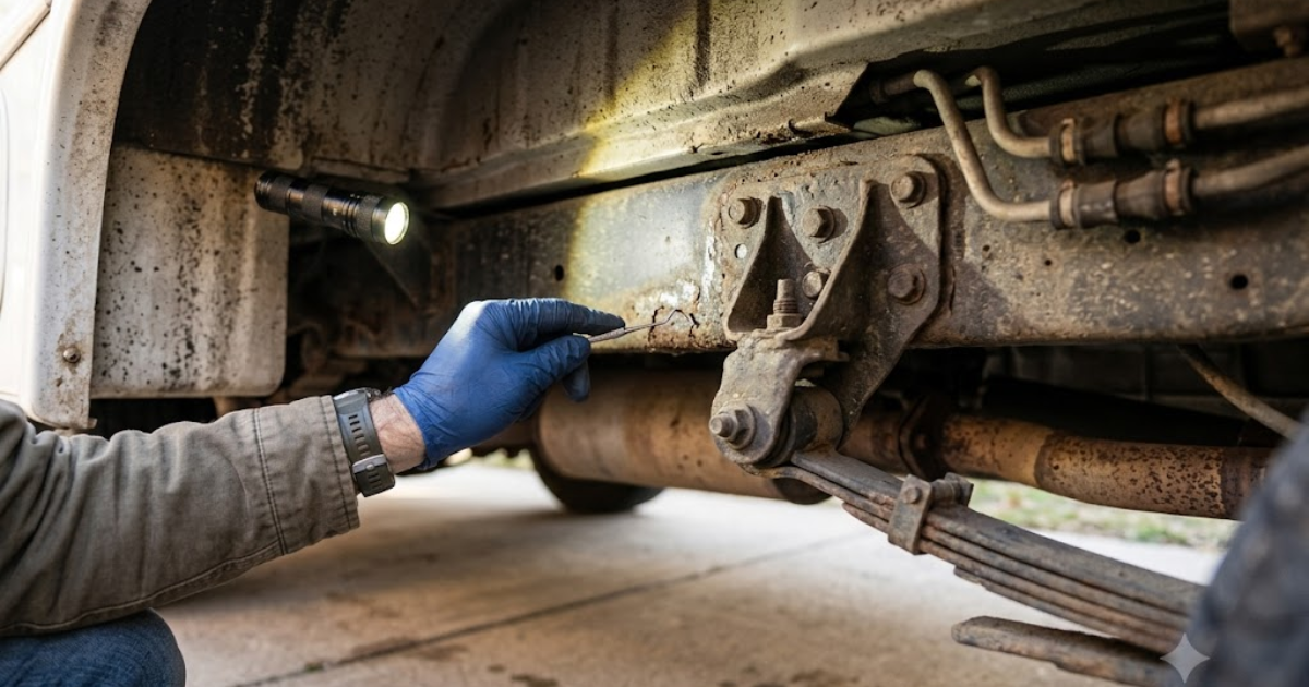 An inspector's gloved hand and flashlight examining the rusty chassis, suspension, and leaf spring under a used RV