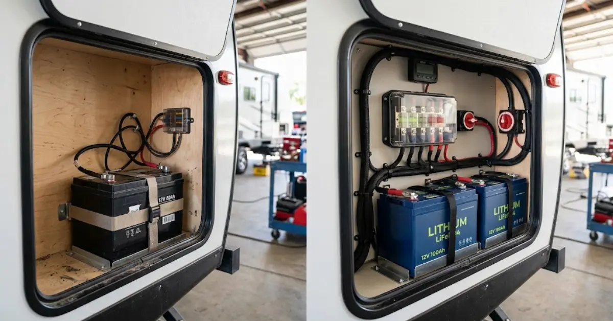 Factory 12V lead-acid compartment beside a professionally installed LiFePO4 lithium system in a travel trailer