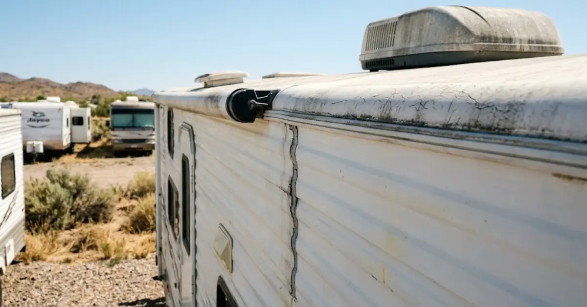Cracked lap sealant along the roof-to-sidewall seam of a seven-year-old travel trailer in a desert storage lot