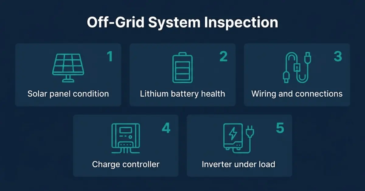 Five-point off-grid RV inspection checklist: panels, battery health, wiring, charge controller and inverter