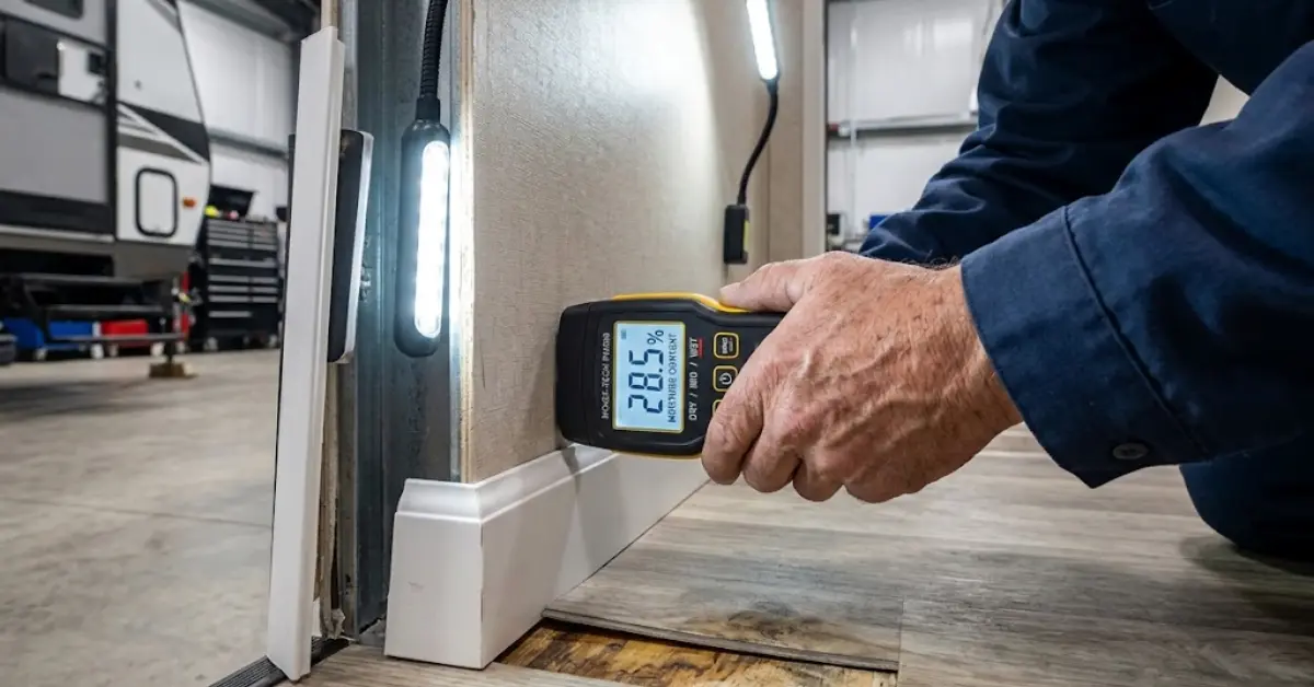 Moisture meter reading 28.5 percent at the base of an RV wall, with water-damaged subfloor exposed beneath lifted vinyl plank flooring