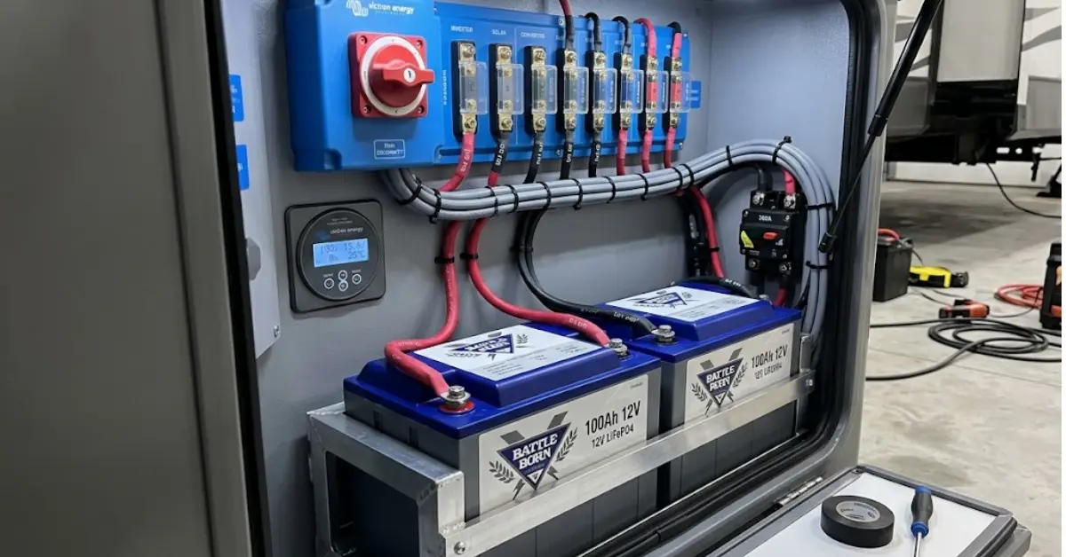 Professional LiFePO4 installation in an RV compartment with lithium batteries, fused distribution bus, main disconnect switch and loomed cable runs