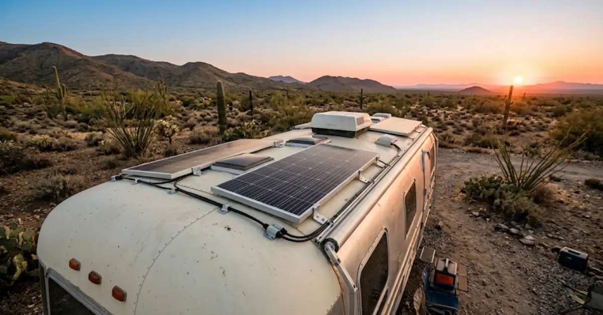 Solar panels mounted on the roof of a travel trailer boondocking in the desert at sunset, showing mounting brackets and cable runs