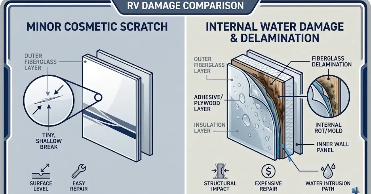 Comparison chart showing the effect of a cosmetic scratch versus water damage on an RV's resale value.