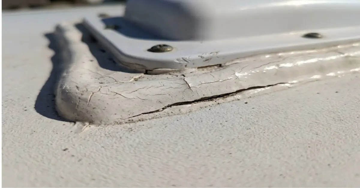 Close-up of a cracked and dry-rotted RV roof sealant around a vent penetration.