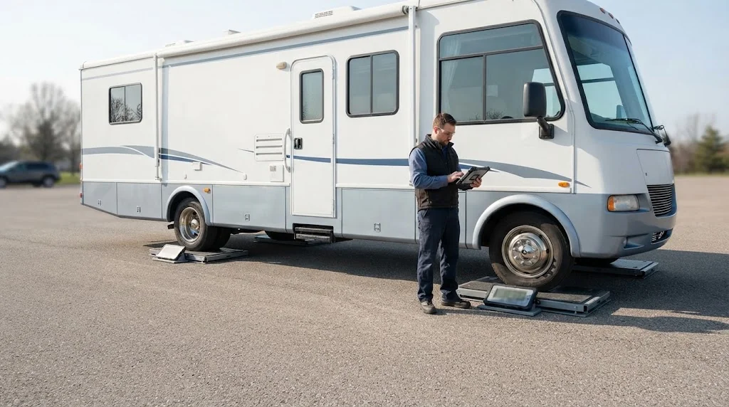 Corner weighing a Class A motorhome with a portable wheel scale pad under each tire