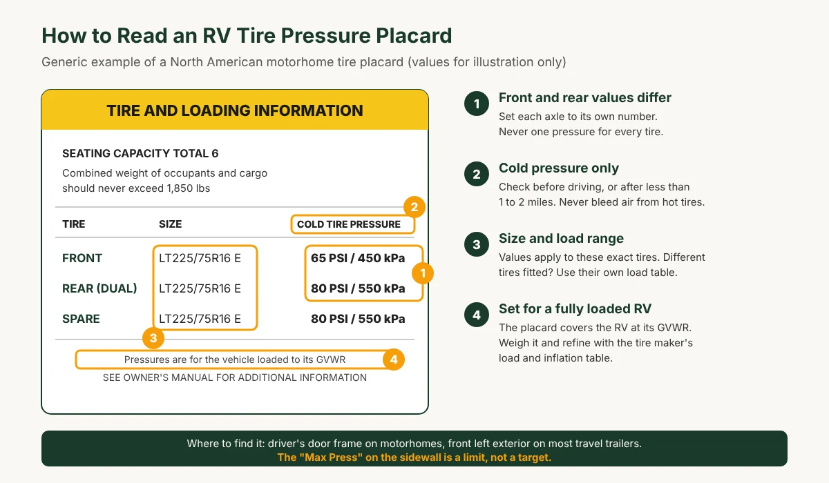 How to read an RV tire pressure placard: front and rear cold pressures, tire size and load range, values set for the RV loaded to its GVWR