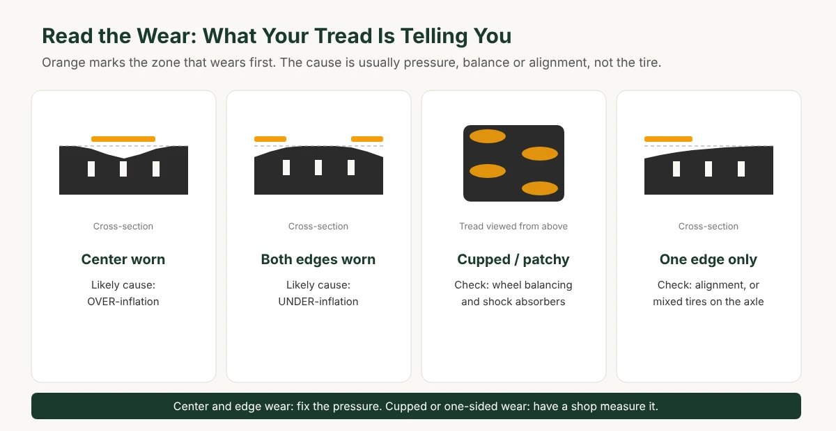 RV tire wear patterns: center wear from over-inflation, edge wear from under-inflation, cupped wear from imbalance, one-edge wear from misalignment